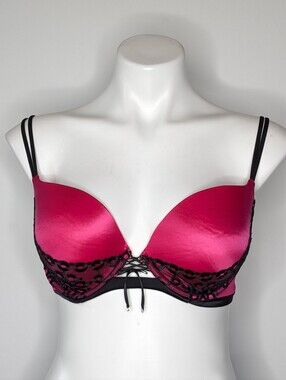 Victoria's Secret Pink Satin Black Lace Very Sexy Push Up Bra 38B